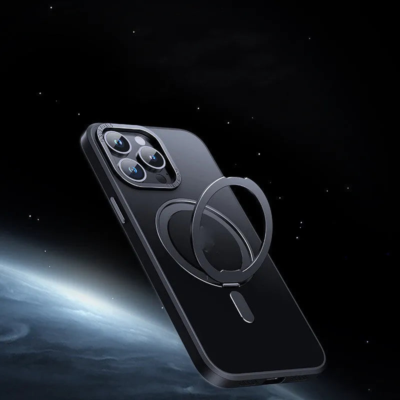 Transparent magnetic shockproof iPhone case showing integrated magnet ring and clear protective design