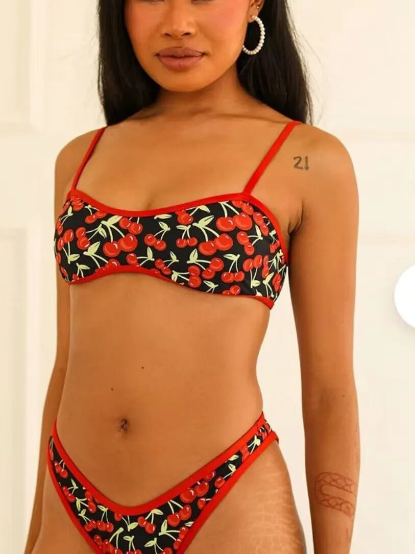 Women's cherry print polyester bikini swimsuit with tube top and briefs