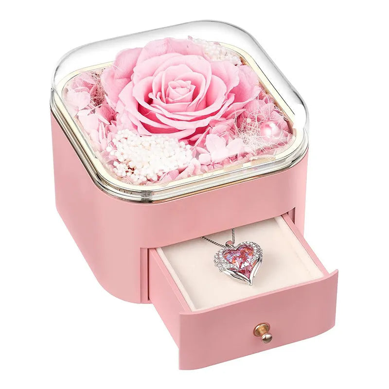 Valentine's Day rose flower drawer jewellery box with preserved eternal flowers and love crystal necklace gift set
