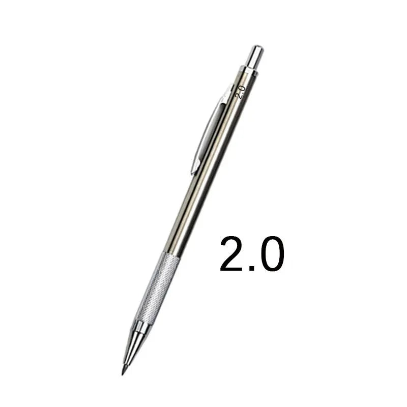 Metal automatic mechanical pencil showing multiple lead diameter options including 0.5 mm, 0.7 mm, 0.9 mm, 1.3 mm, and 2.0 mm