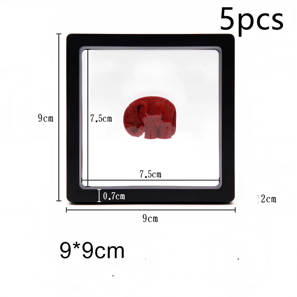 Black 11x11cm suspended 3D floating display frame holding a coin, with square base for stable collectible showcase