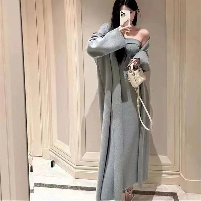 Women's knitted cardigan dress and coat suit in free size with flocked texture, available in multiple colours