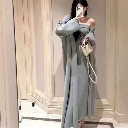 Women's knitted cardigan dress and coat suit in free size with flocked texture, available in multiple colours