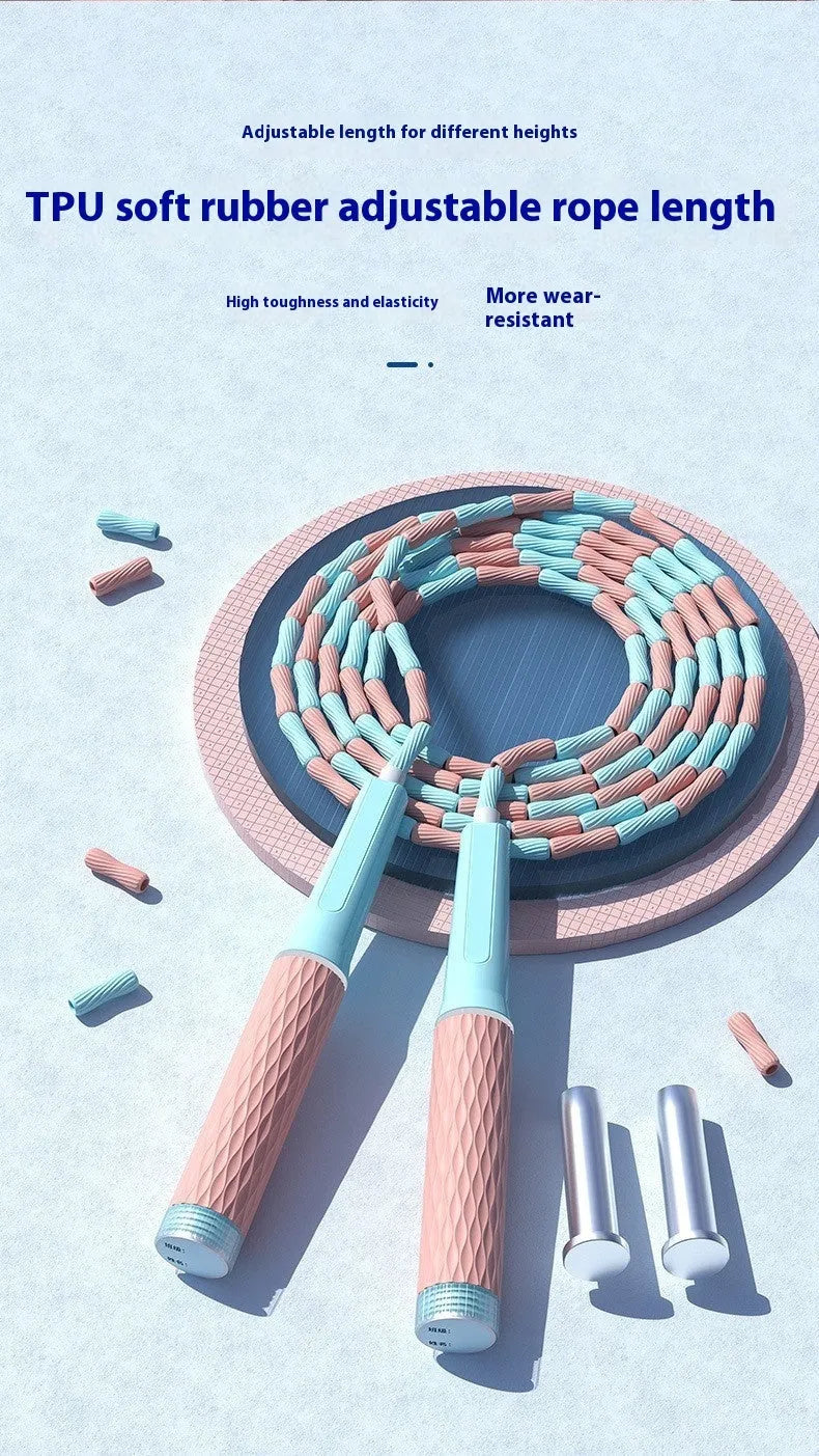 Children's bamboo bead skipping rope in blue with soft PP beads and non-knotted design