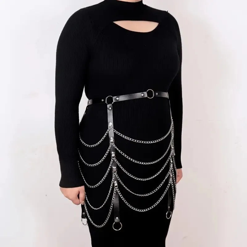 Black PU leather waist chain with adjustable buckle and metal chain detailing