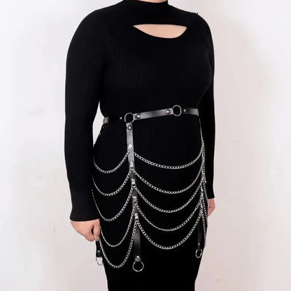 Black PU leather waist chain with adjustable buckle and metal chain detailing