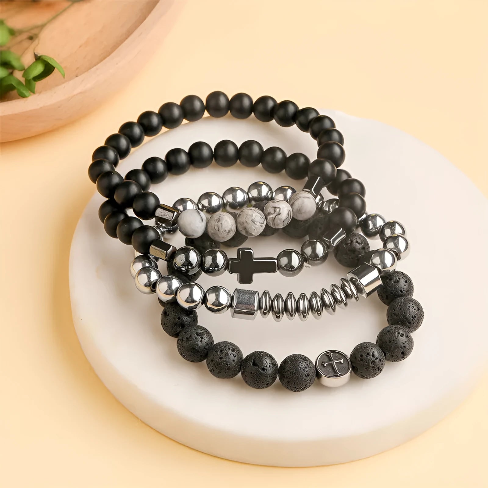 Volcanic agate geometric bracelet with stainless steel clasp and 10mm stone beads