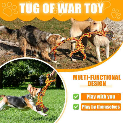 Blue and yellow cotton rope dog toy with non-slip handle for aggressive chewers