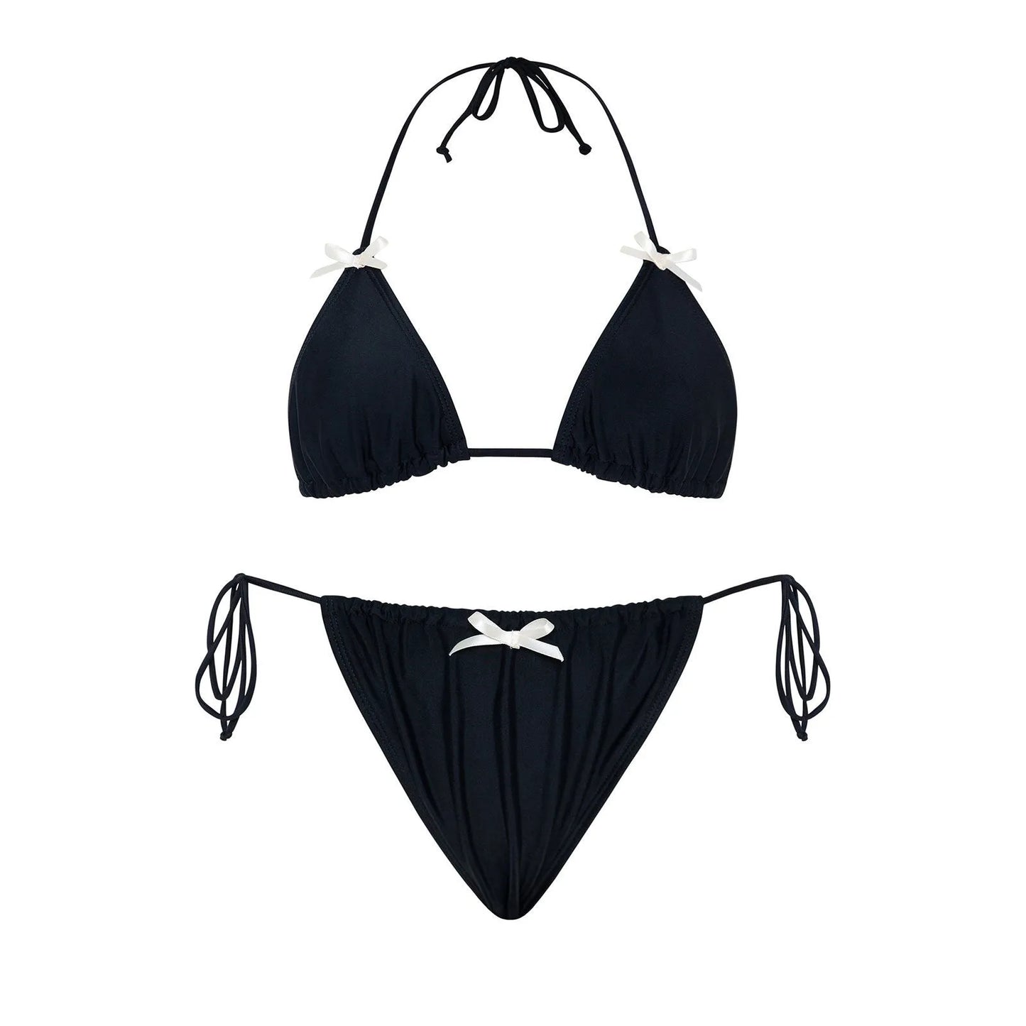 Women's solid colour bikini swimsuit with a bow tie detail, shown in one of five available colours.