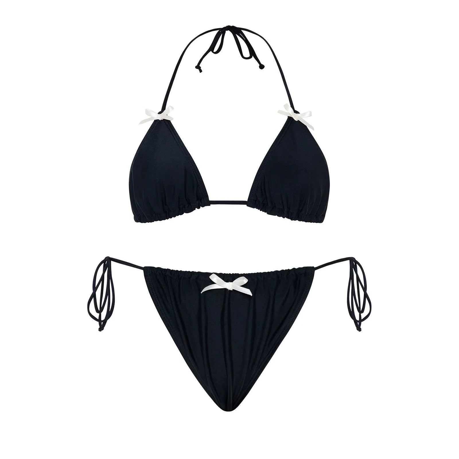 Women's solid colour bikini swimsuit with a bow tie detail, shown in one of five available colours.