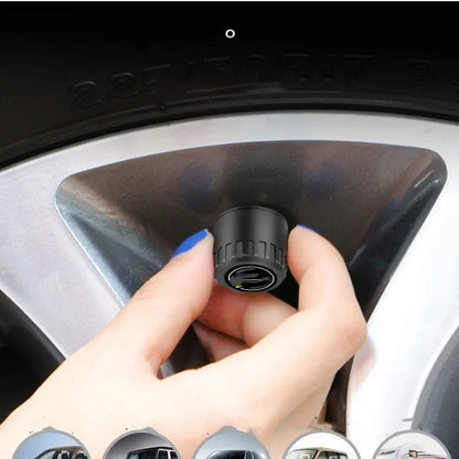 Bluetooth 5.0 automotive tyre pressure monitoring system with four black external sensors, a wrench, and anti-theft screws.