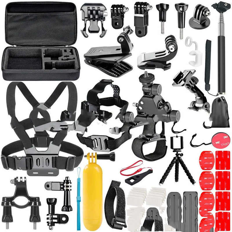 GoPro accessories set including chest strap and helmet mount with tripod for GoPro Hero 4 3 2, also compatible with iPhone models via universal mount, model T47 in black PC material measuring 33cm by 22cm by 7cm for action camera filming.