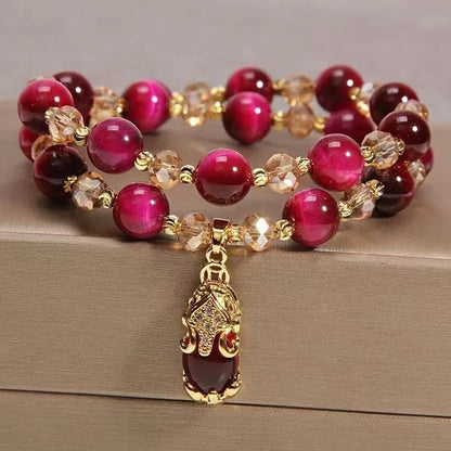Handcrafted Tigereye stone bracelet with choice of single or double chain in green or rose red colours