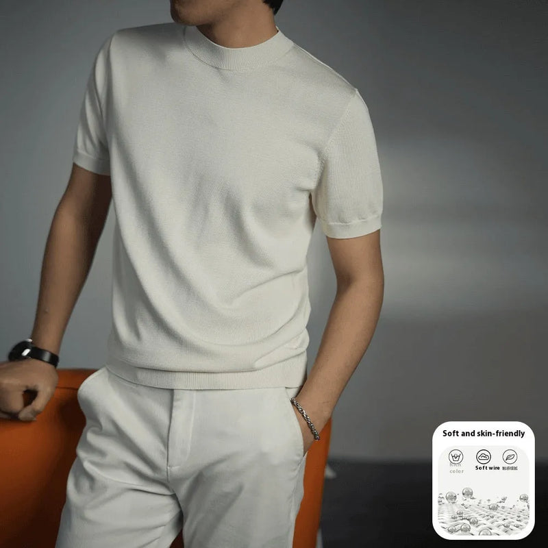 Men's knitted t-shirt in chemical fibre blend fabric with round neck and short sleeves, featuring a non-iron treatment process and available in silver grey, purple, black, brown, and sapphire blue colours, sized from M to 4XL for middle-aged men.