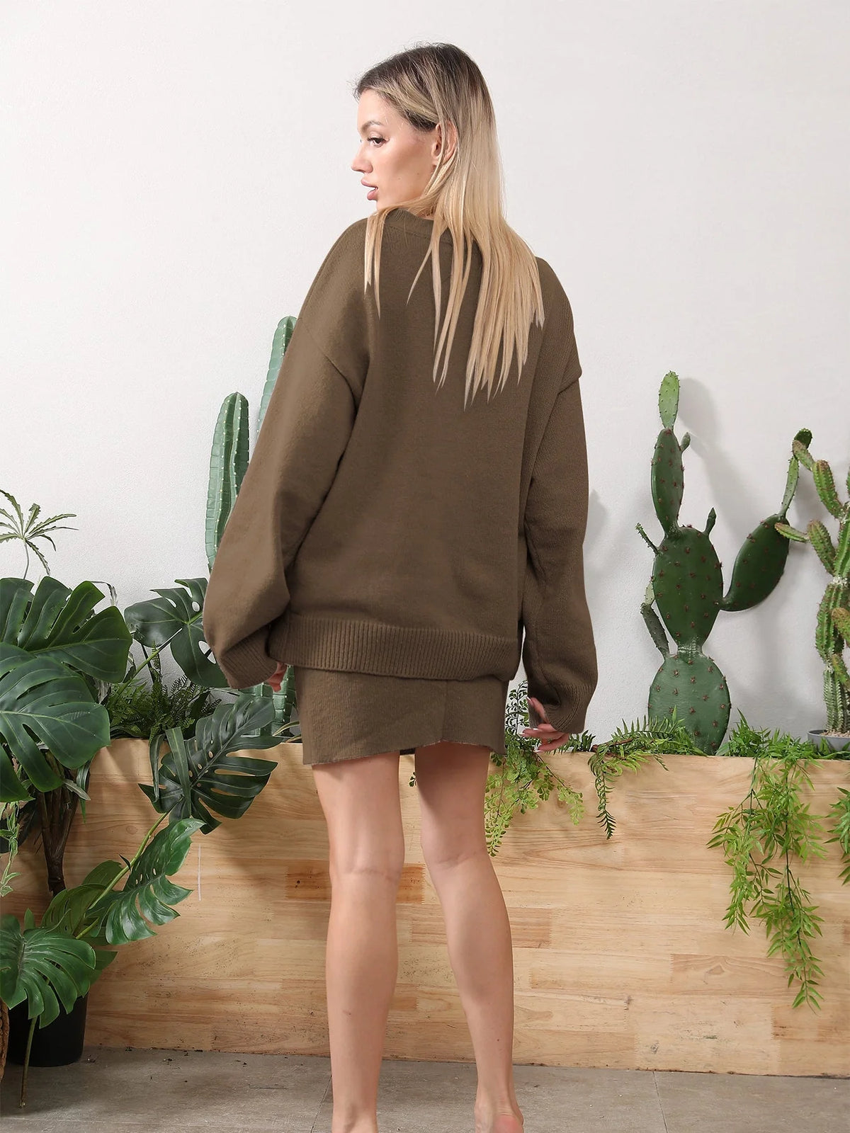 Women's home clothing set in brown camel, soil grey, and light grey