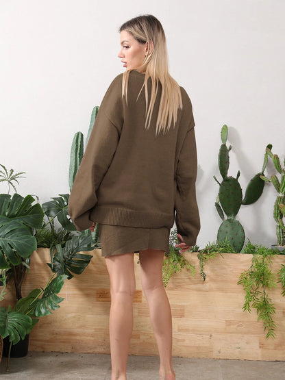 Women's home clothing set in brown camel, soil grey, and light grey