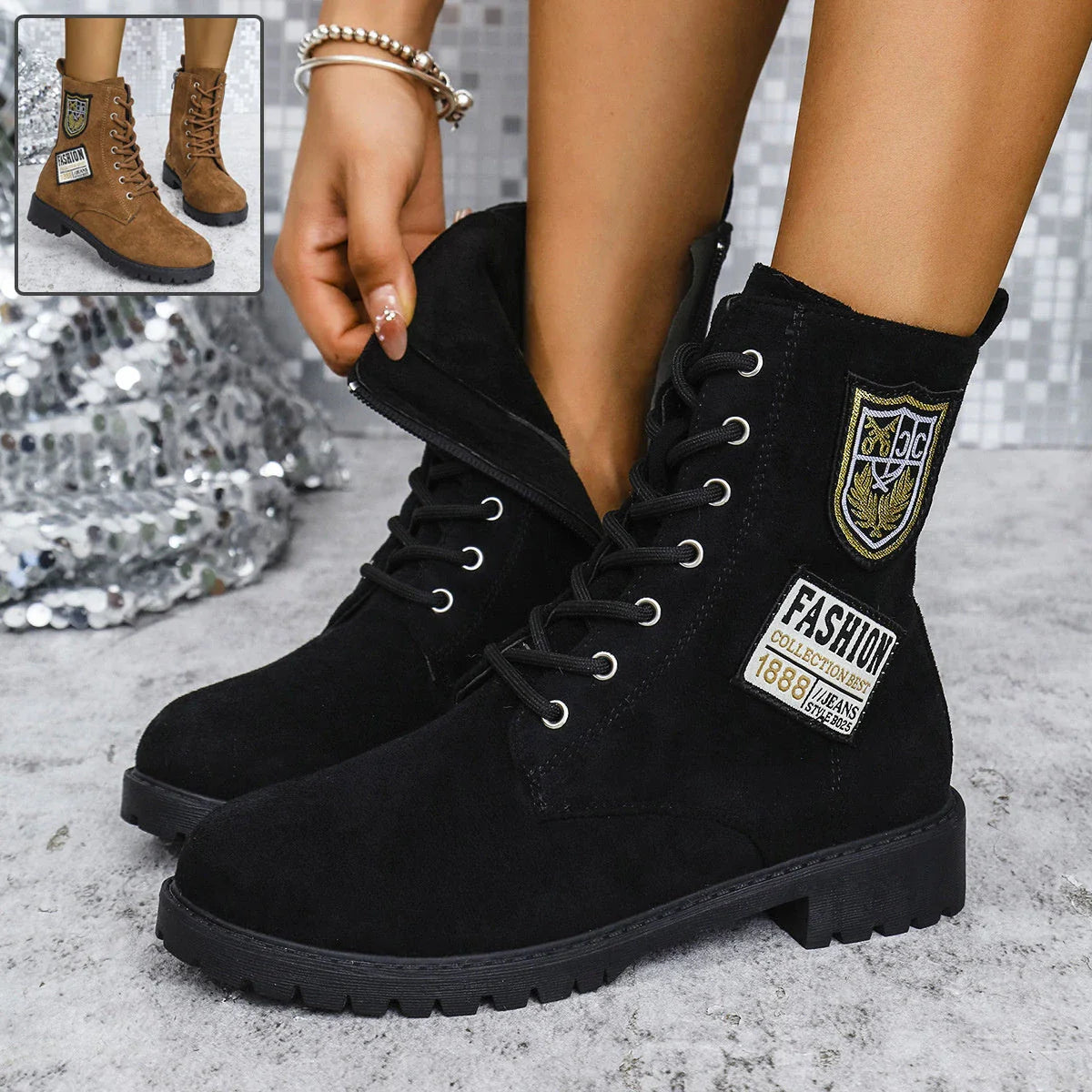 Stylish lace-up chunky heel boots with round toe design, perfect for winter wear