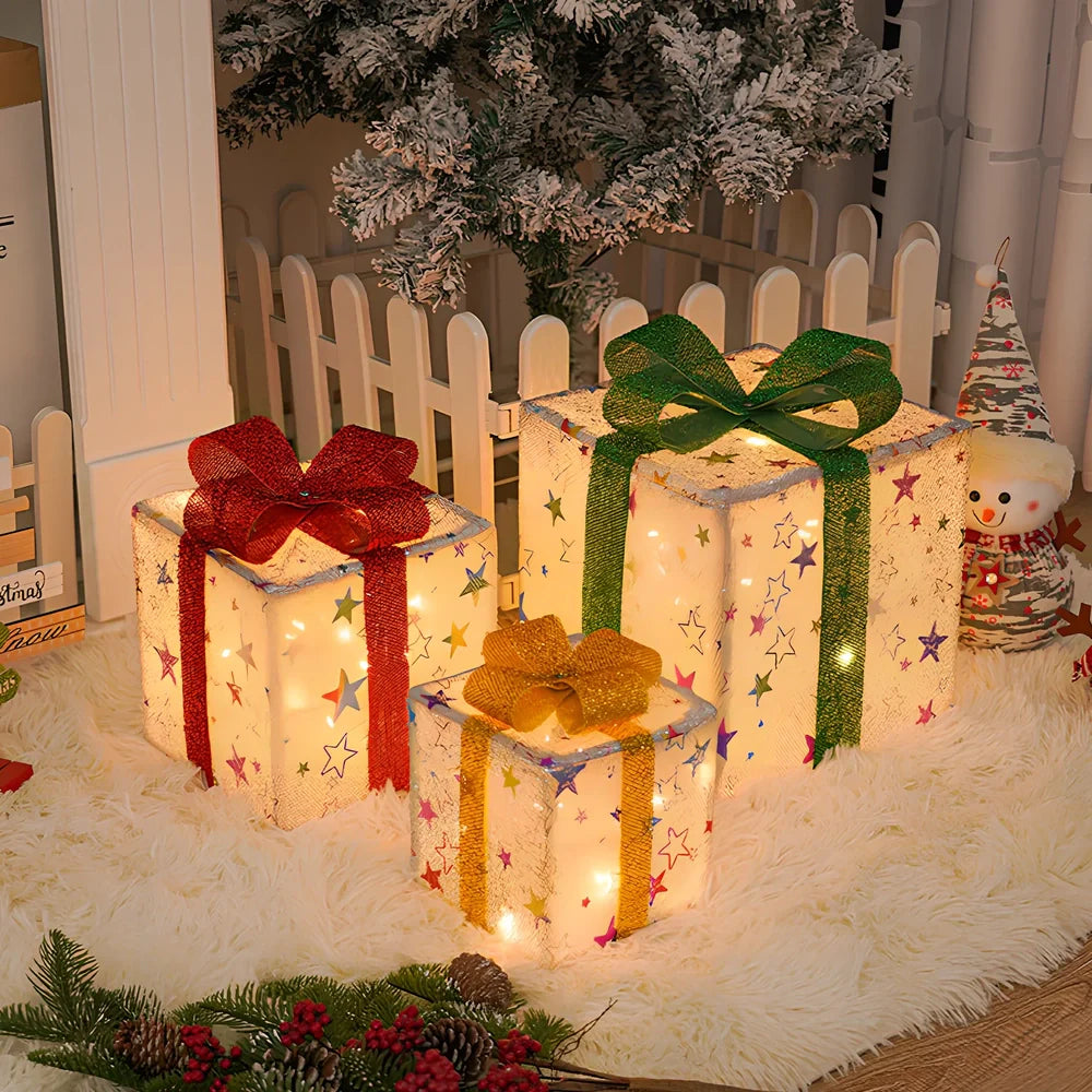 Three-piece Christmas LED light set in gift box with silver star and tricolour deer, 50 LEDs, 1000 lumens warm glow