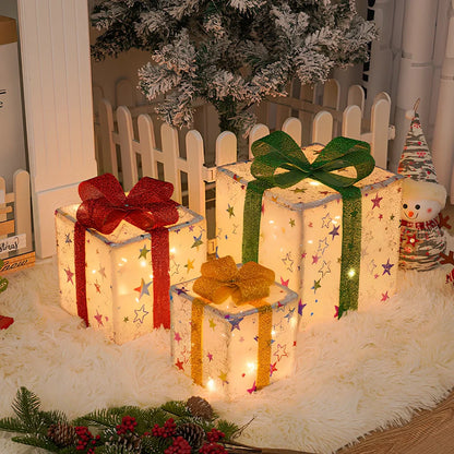 Three-piece Christmas LED light set in gift box with silver star and tricolour deer, 50 LEDs, 1000 lumens warm glow