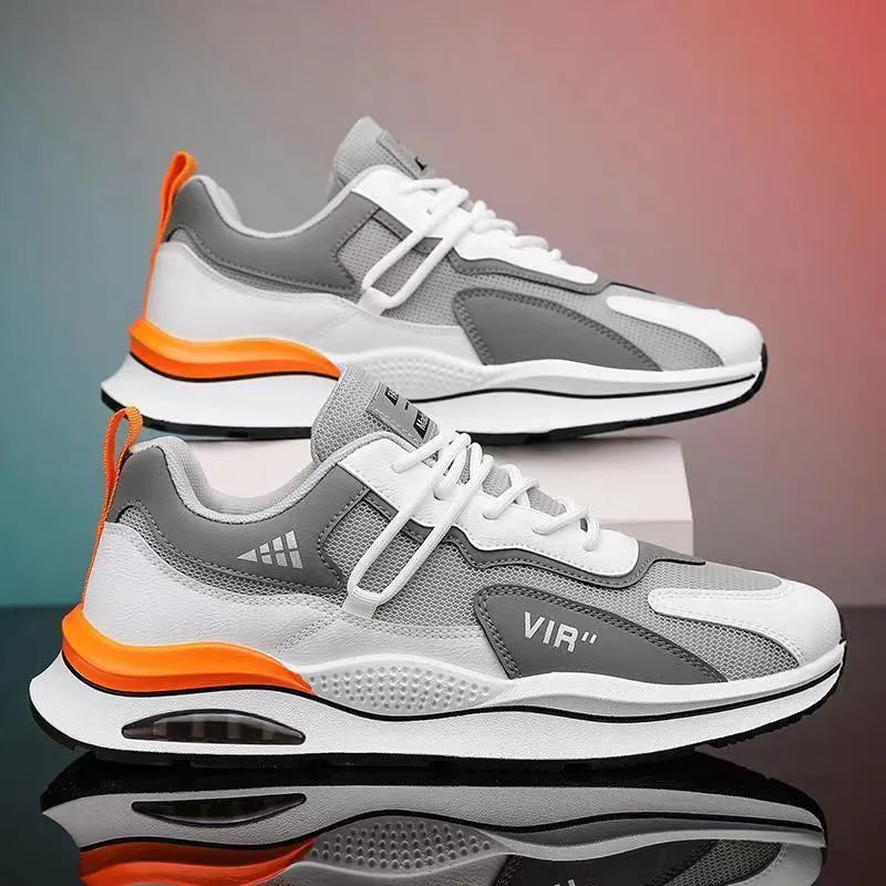 Men's gray and black mesh running shoes with EVA sole and round toe design