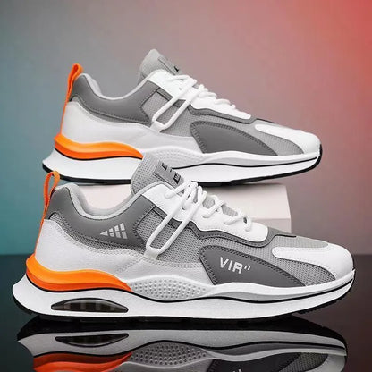 Men's gray and black mesh running shoes with EVA sole and round toe design