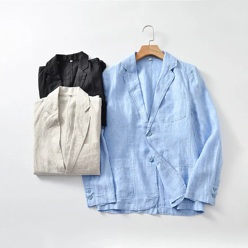 Men's lightweight linen blazer coat in solid colour on hanger showing simple design and size stick pocket