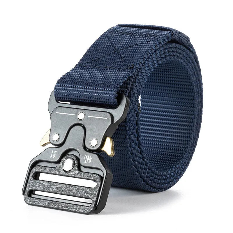 Men's thick canvas tactical belt with an alloy release buckle, shown in multiple colour options.