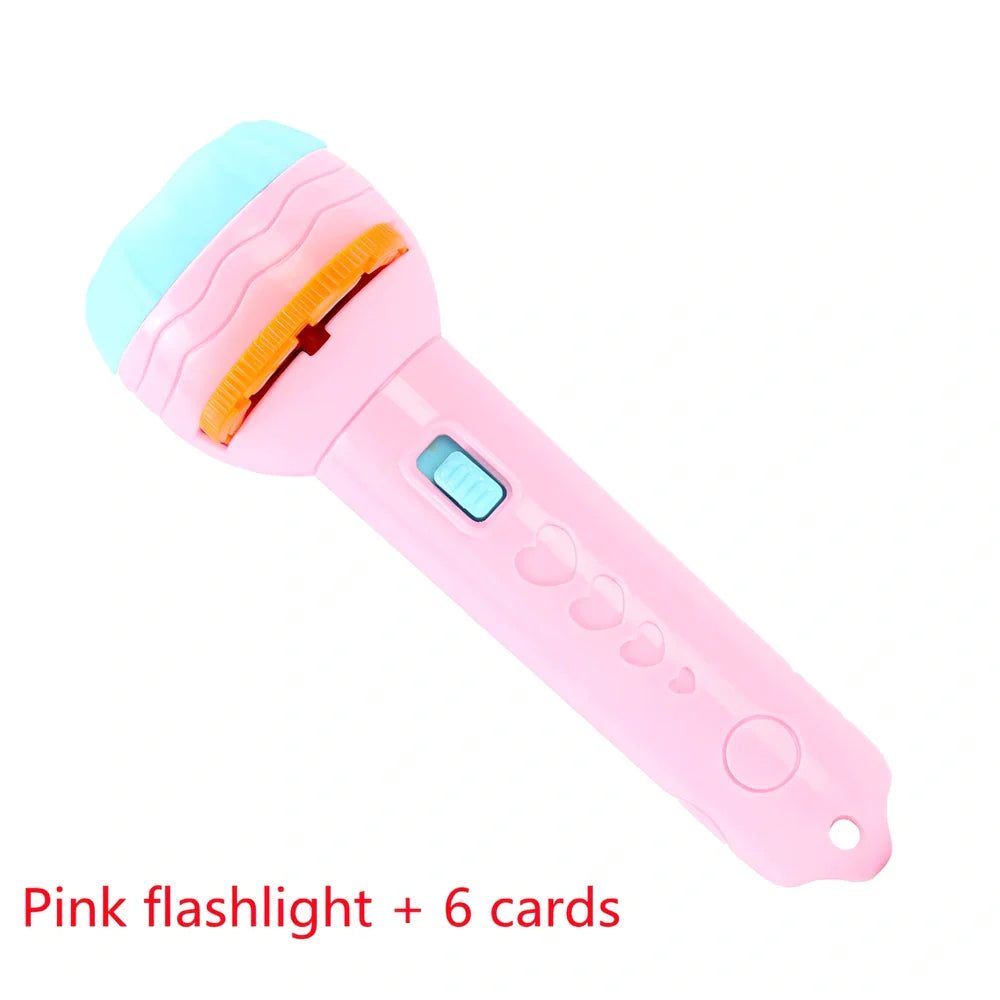 Red cartoon projection flashlight showing rotating lens mechanism for 80 pattern changes