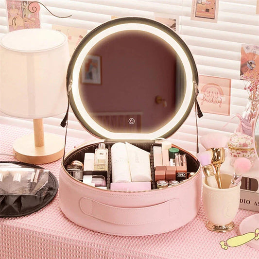 Smart LED makeup bag with adjustable lighting and spacious, organized interior for seamless beauty on the go