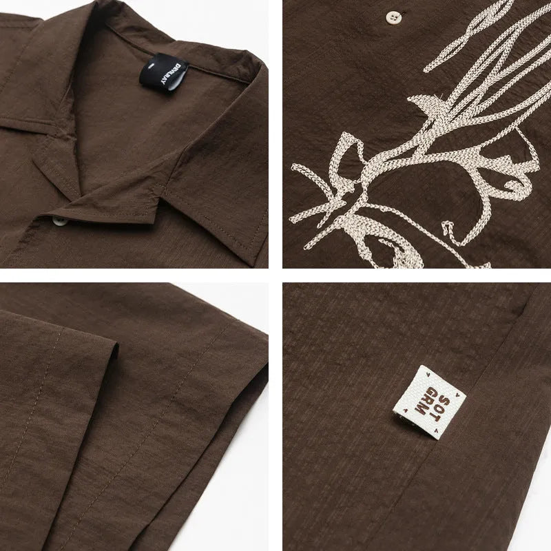 Brown coffee striped outdoor waterproof quick-drying Cuban collar short sleeve shirt