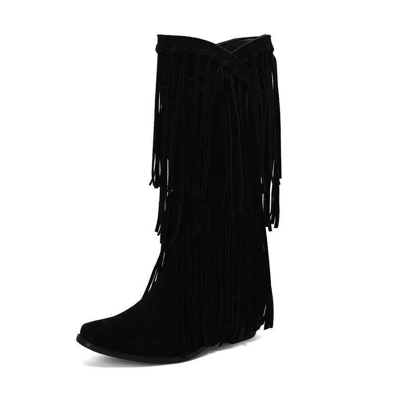 Women's black suede high boots with tassel detail, chunky heel, and square toe.