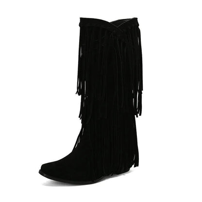 Women's black suede high boots with tassel detail, chunky heel, and square toe.
