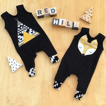 Cotton sleeveless baby one-piece in fox head and triangle tent colours, Class A, concealed buckle, 70cm to 100cm