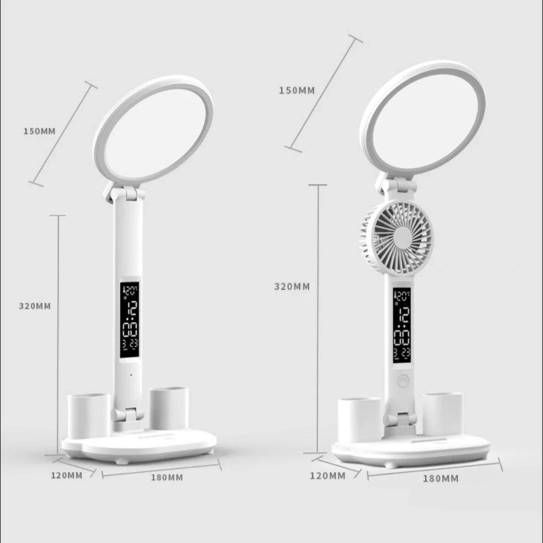 Multifunctional LED desk lamp with USB charging, adjustable brightness, and integrated fan for cooling and air circulation