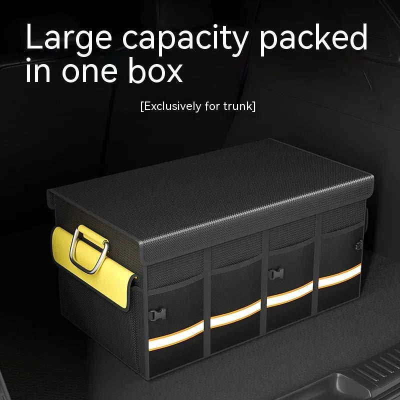 Black and yellow foldable car trunk storage bag with carrying handle in three size options.