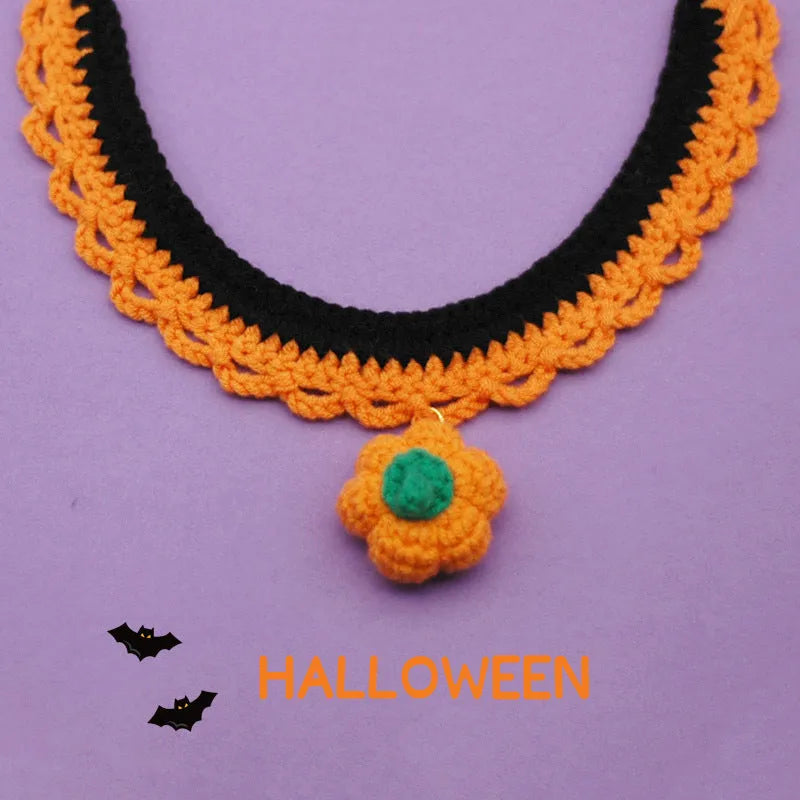Hand-crocheted wool pet collar in pumpkin colour for a dog or cat, showing adjustable size and textured yarn.