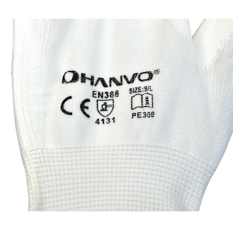 Pack of 10 pairs of white PU coated work gloves with knit backs, showing palm coating detail.