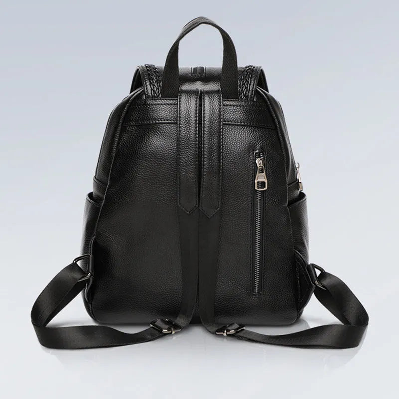 Blue genuine leather women's backpack with external sandwich pocket and internal organiser compartments