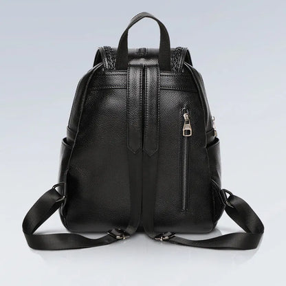 Blue genuine leather women's backpack with external sandwich pocket and internal organiser compartments