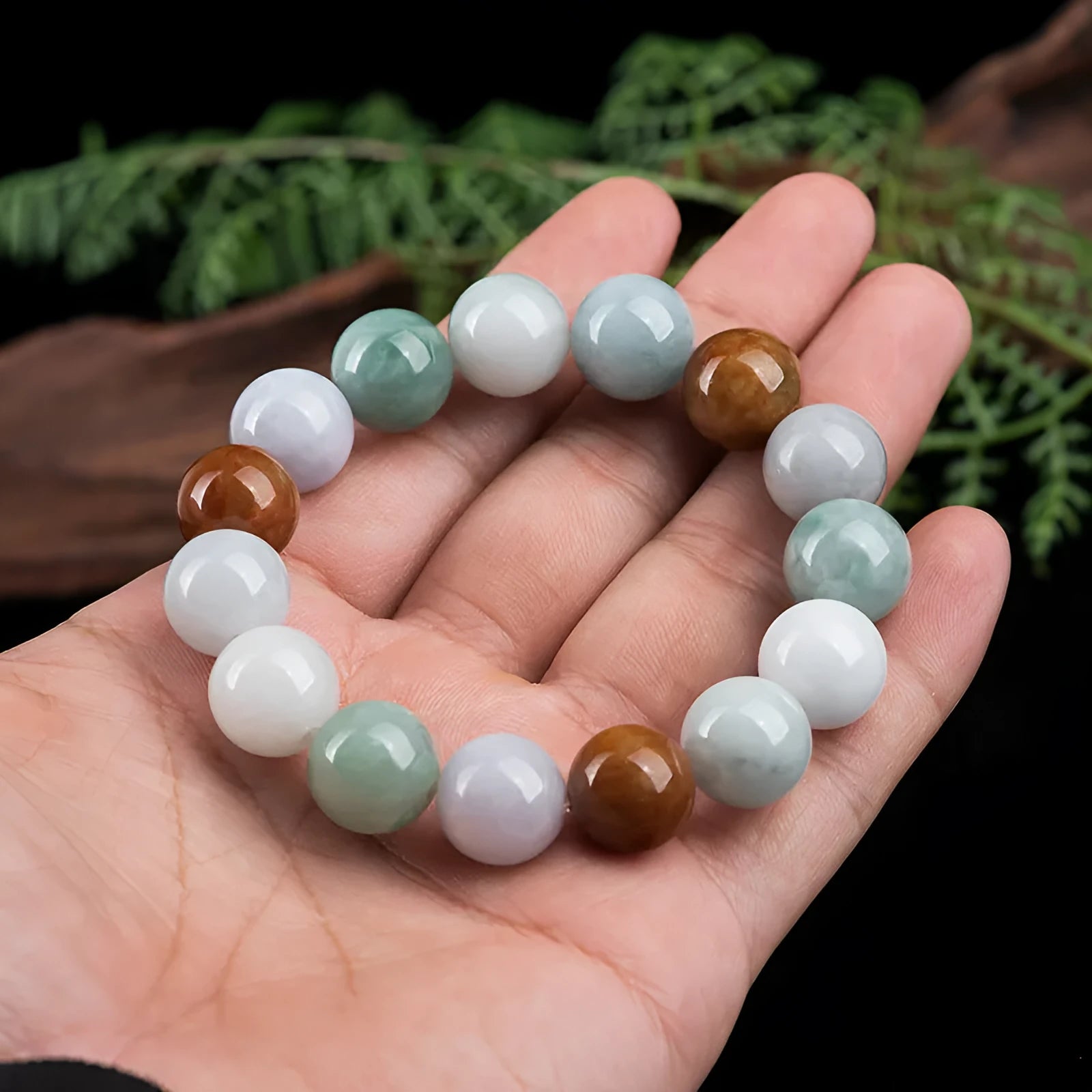 Natural Myanmar jade bracelet with three colours, round 13mm beads, traditional Asian style