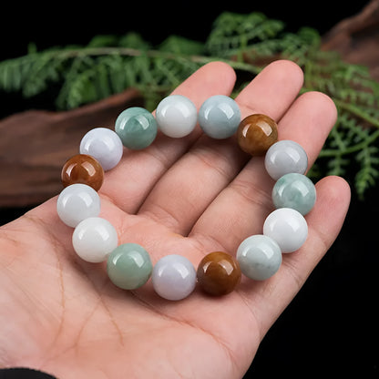 Natural Myanmar jade bracelet with three colours, round 13mm beads, traditional Asian style