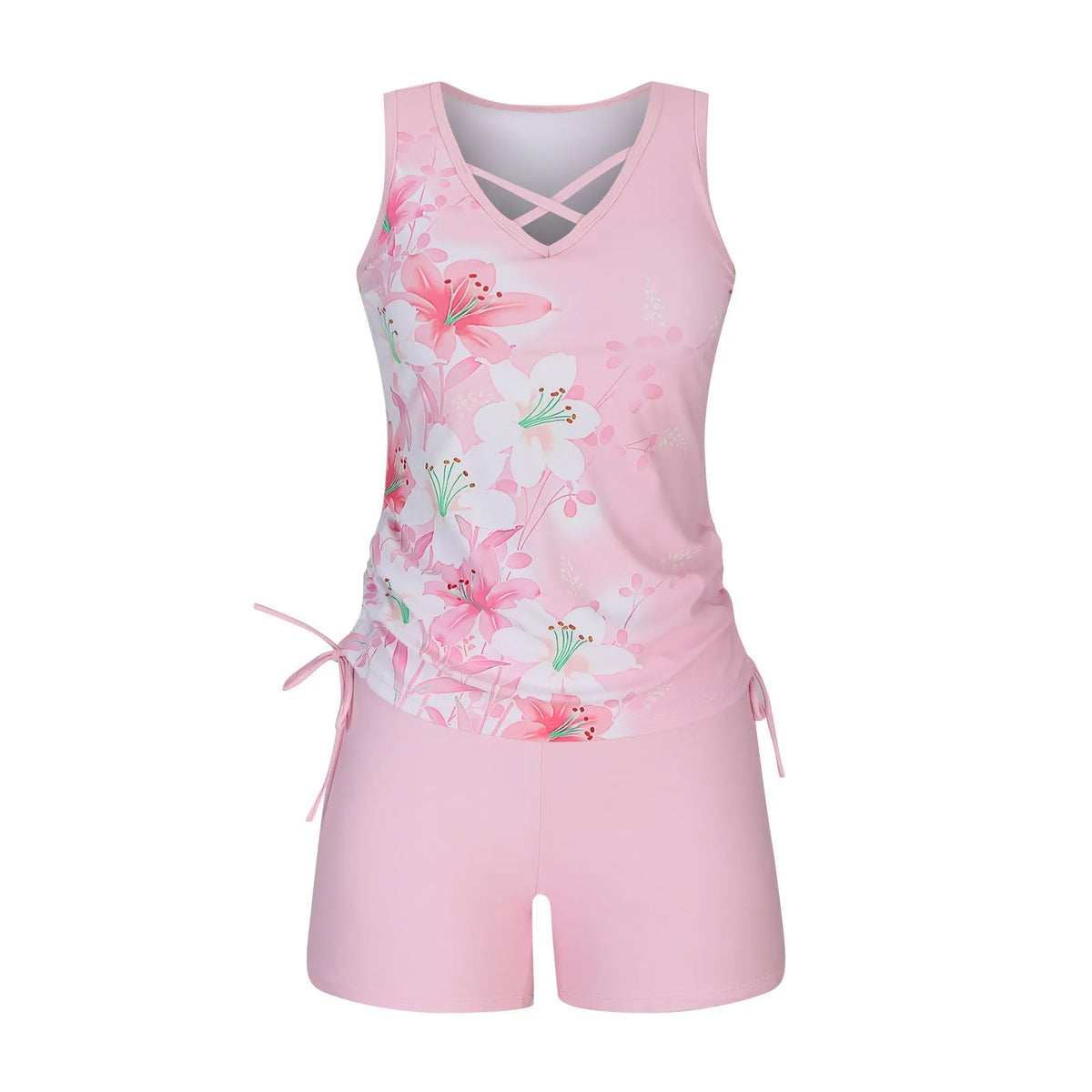 Women's separate swimsuit set showing knotted bikini top and high-waisted briefs in multiple colour options