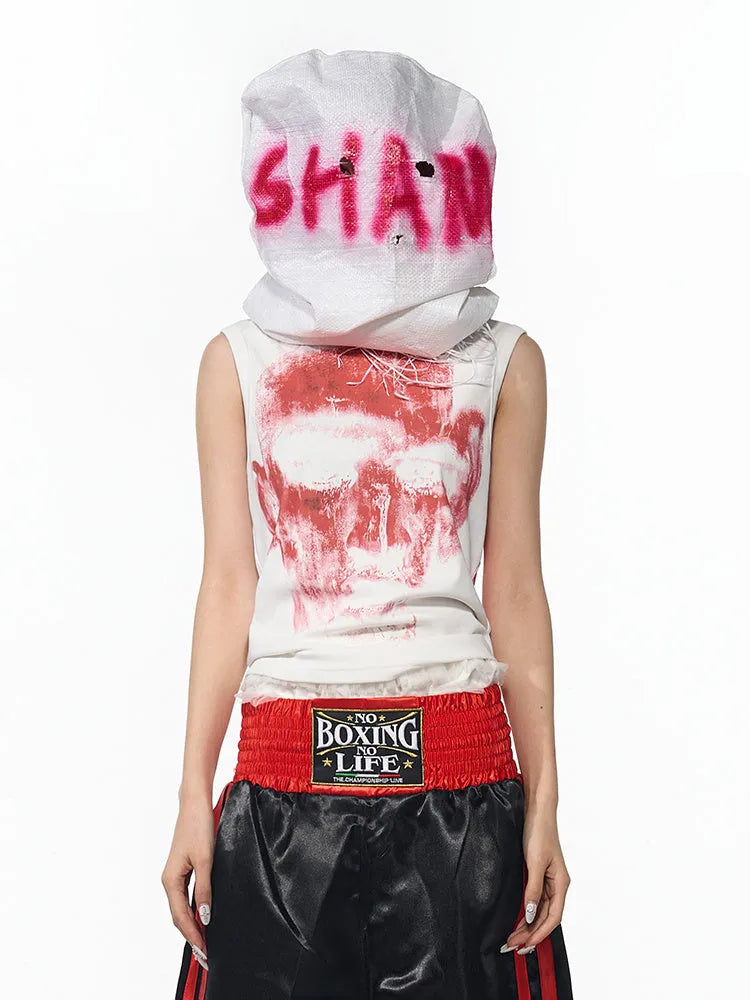 Black half turtleneck sleeveless t-shirt with character pattern printing on slim-fit cotton cloth