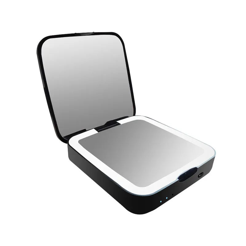Black or white LED makeup mirror with magnification and standard mirrors, showing three lighting mode buttons.