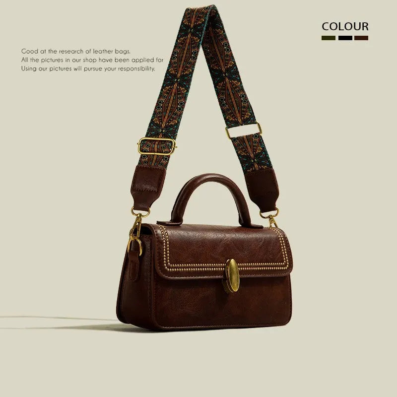 Brown retro-style PU leather women's messenger bag showing front view and organisational compartments.