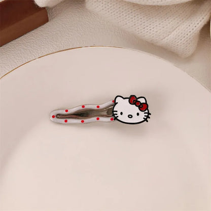 Red love heart-shaped hair barrette clip with retro white dots on a willow leaf-shaped base.