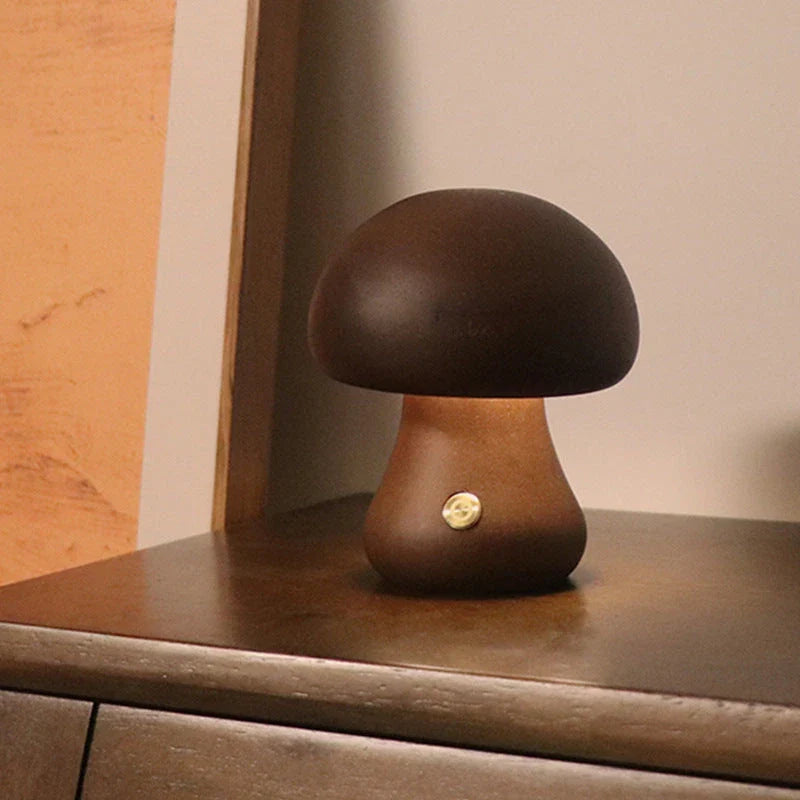 Charming wooden mushroom-shaped LED night light with touch control for bedroom, nursery, or living room decor