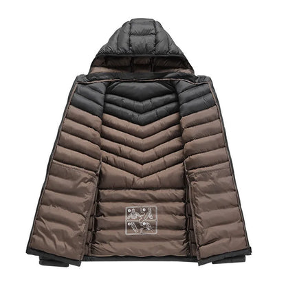 Men's solid-colour hooded down jacket with a detachable collar and zippered pockets.