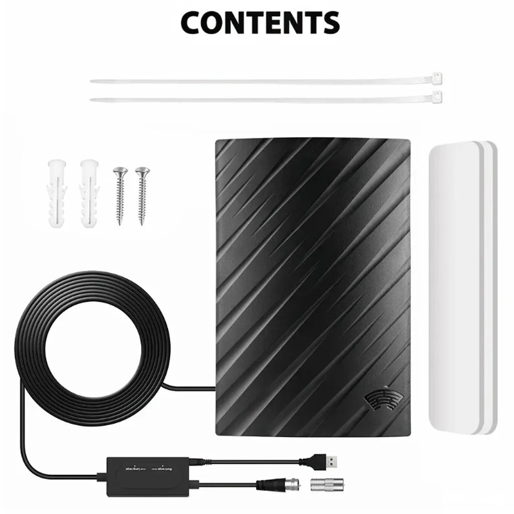 Black plastic digital TV antenna measuring 18cm by 16cm by 7cm with mounting accessories including expansion tubes and adhesive tape