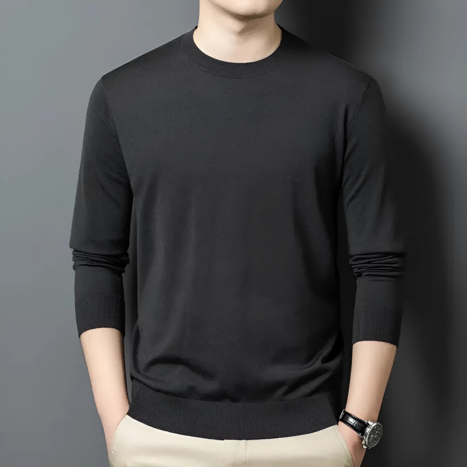 Men's round neck long sleeve pullover sweater in a Mulberry Silk and Wool blend for winter.